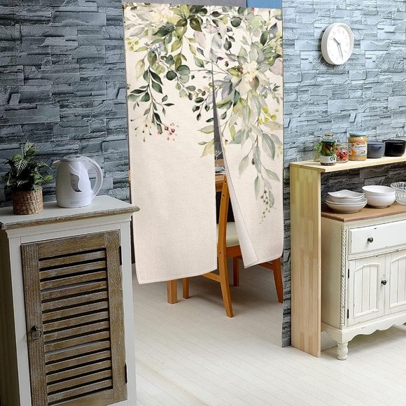 Botanical Green Leaves Flower Vines Floral Japanese Noren Curtains Asian Art New - Picture 5 of 10